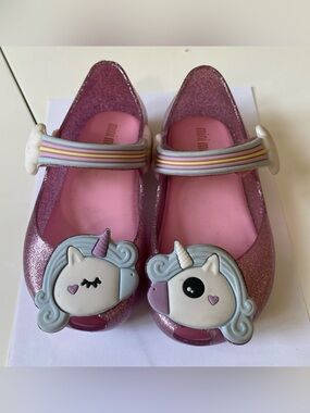 Mini Melissa Pink Glitter jelly shoes Unicorn Mary Janes with Pastel Strap